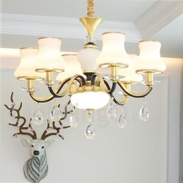 Lustre suspendu en cristal de luxe rustique rétro à 6 lumières avec abat-jour en verre