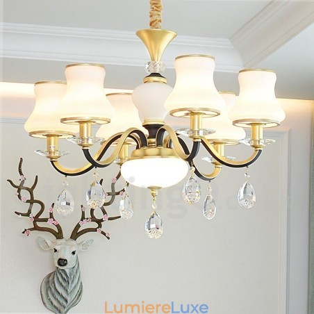 Lustre suspendu en cristal de luxe rustique rétro à 6 lumières avec abat-jour en verre Lustre suspendu en cristal de luxe rustique rétro à 6 lumières avec abat-jour en verre