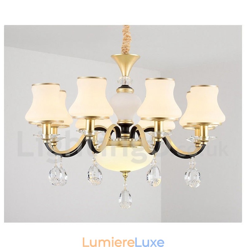 Lustre suspendu en cristal de luxe rustique rétro à 6 lumières avec abat-jour en verre
