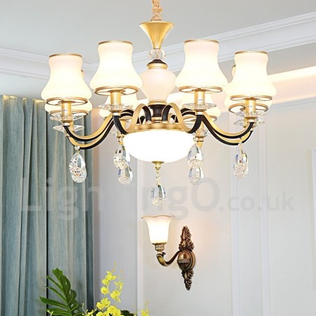 Lustre suspendu en cristal de luxe rustique rétro à 8 lumières avec abat-jour en verre Lustre suspendu en cristal de luxe rustique rétro à 8 lumières avec abat-jour en verre