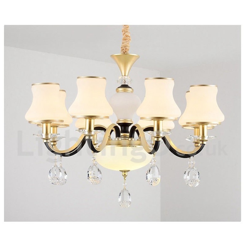 Lustre suspendu en cristal de luxe rustique rétro à 8 lumières avec abat-jour en verre