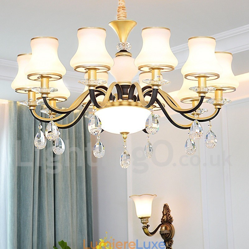 Lustre suspendu en cristal de luxe rustique rétro avec abat-jour en verre