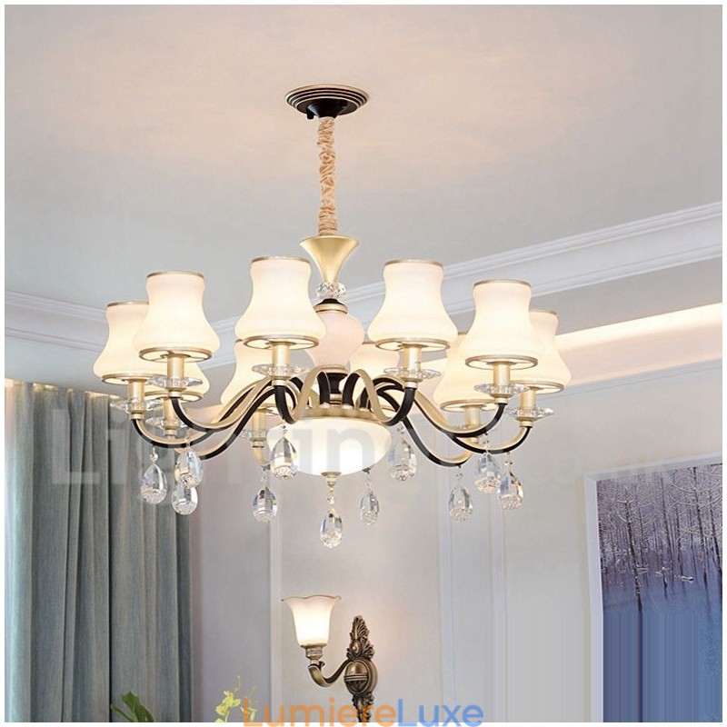 Lustre suspendu en cristal de luxe rustique rétro avec abat-jour en verre