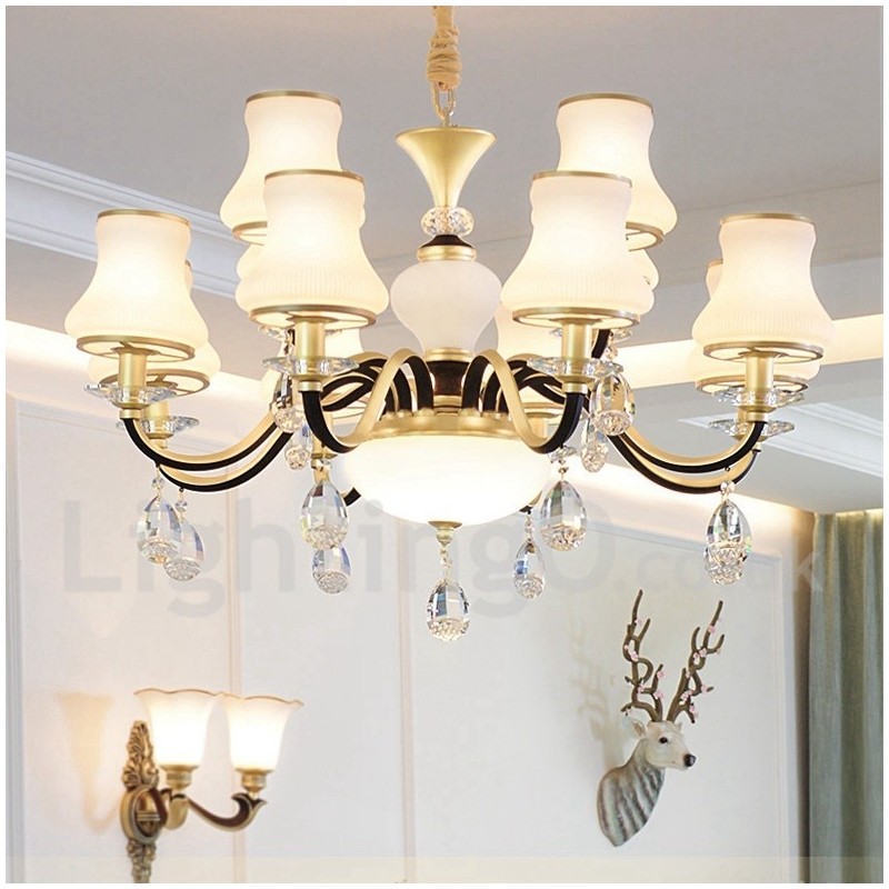 Lustre suspendu en cristal de luxe rustique rétro à 12 lumières avec abat-jour en verre