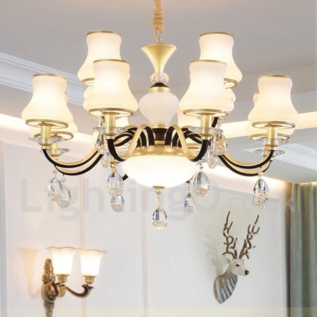 Lustre suspendu en cristal de luxe rustique rétro à 12 lumières avec abat-jour en verre Lustre suspendu en cristal de luxe rustique rétro à 12 lumières avec abat-jour en verre