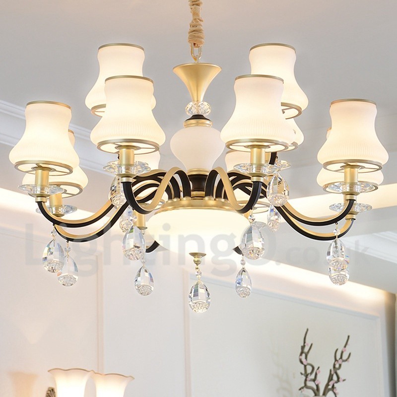 Lustre suspendu en cristal de luxe rustique rétro à 12 lumières avec abat-jour en verre