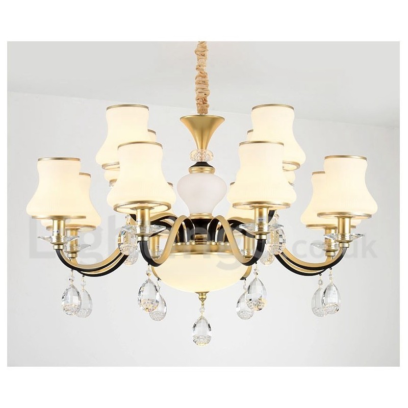 Lustre suspendu en cristal de luxe rustique rétro à 12 lumières avec abat-jour en verre