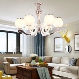 Lustre suspendu de luxe contemporain moderne à 6 lumières avec abat-jour en verre