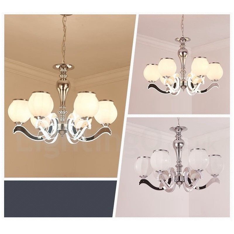 Lustre suspendu de luxe contemporain moderne à 6 lumières avec abat-jour en verre