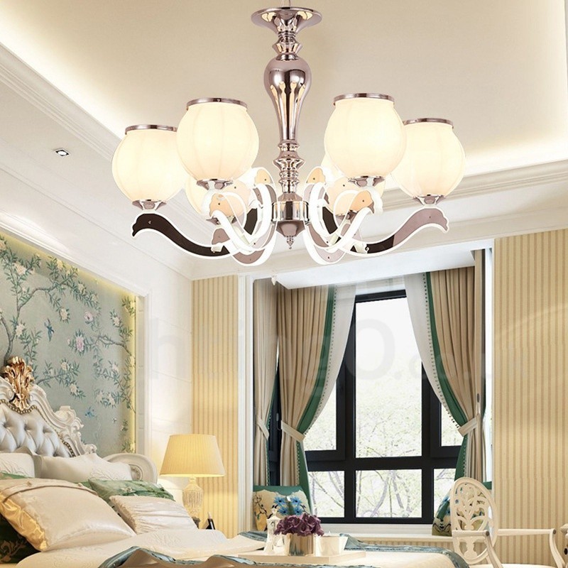 Lustre suspendu de luxe contemporain moderne à 6 lumières avec abat-jour en verre
