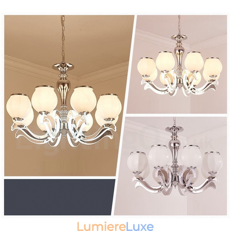 Lustre suspendu de luxe contemporain moderne à 8 lumières avec abat-jour en verre