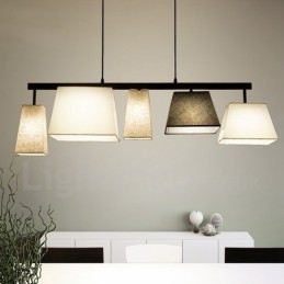 Suspension contemporaine moderne à 5 lampes en acier avec abat-jour en tissu