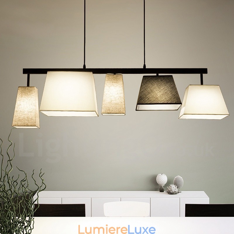 Suspension contemporaine moderne à 5 lampes en acier avec abat-jour en tissu