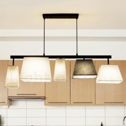 Suspension contemporaine moderne à 5 lampes en acier avec abat-jour en tissu