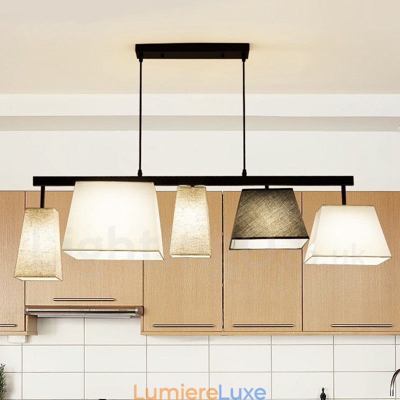 Suspension contemporaine moderne à 5 lampes en acier avec abat-jour en tissu