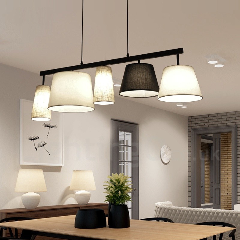 Suspension contemporaine moderne à 5 lampes en acier avec abat-jour en tissu