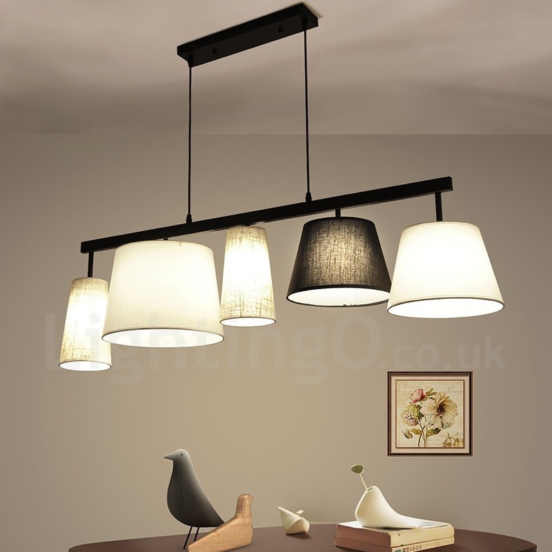 Suspension contemporaine moderne à 5 lampes en acier avec abat-jour en tissu