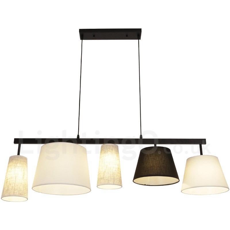 Suspension contemporaine moderne à 5 lampes en acier avec abat-jour en tissu