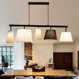 Suspension contemporaine moderne à 5 lampes en acier avec abat-jour en tissu