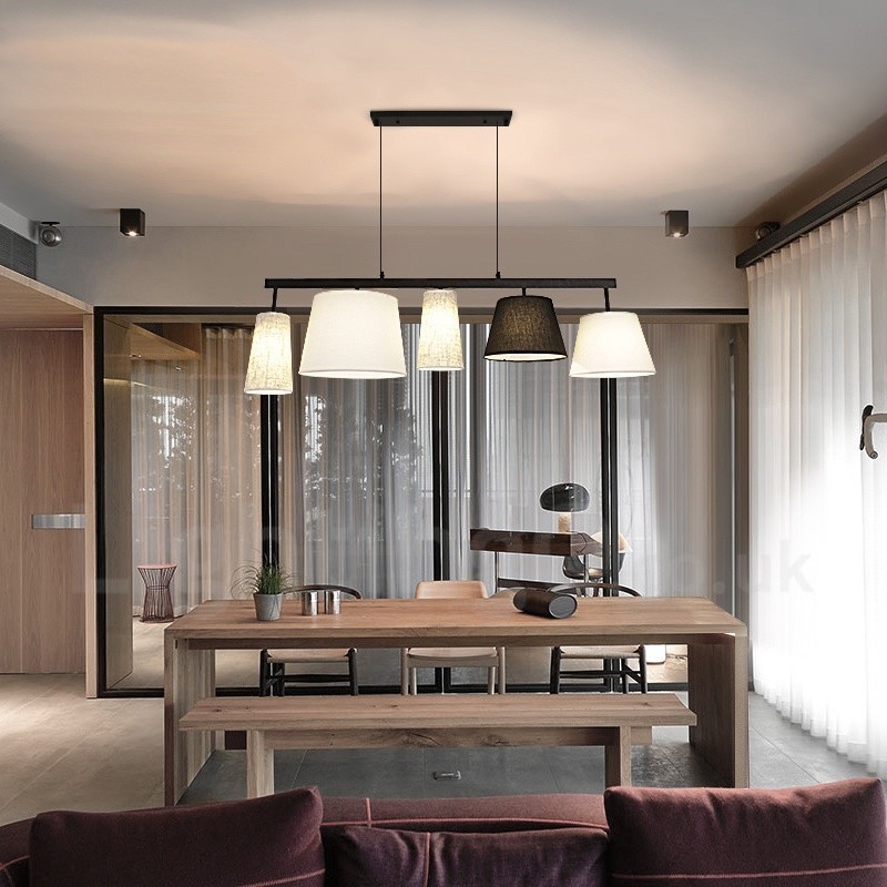 Suspension contemporaine moderne à 5 lampes en acier avec abat-jour en tissu