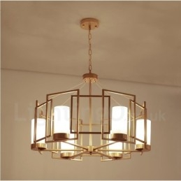 Suspension contemporaine moderne à 6 lumières en laiton avec abat-jour en verre