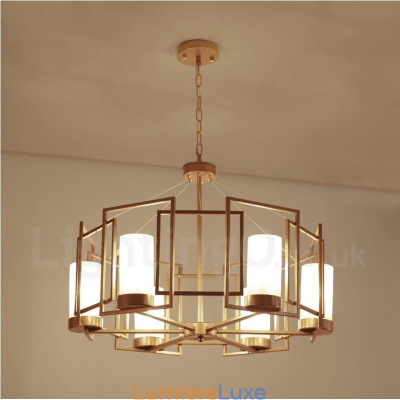 Suspension contemporaine moderne à 6 lumières en laiton avec abat-jour en verre