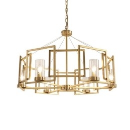 Suspension contemporaine moderne à 6 lumières en laiton avec abat-jour en verre