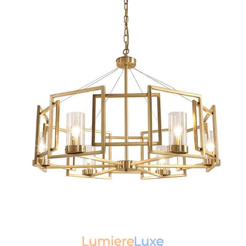 Suspension contemporaine moderne à 6 lumières en laiton avec abat-jour en verre