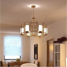 Suspension contemporaine moderne à 6 lumières en laiton avec abat-jour en verre