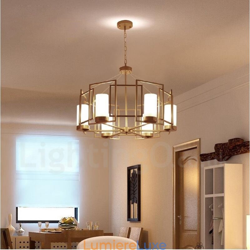Suspension contemporaine moderne à 6 lumières en laiton avec abat-jour en verre