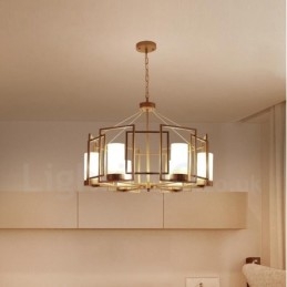 Suspension contemporaine moderne à 6 lumières en laiton avec abat-jour en verre