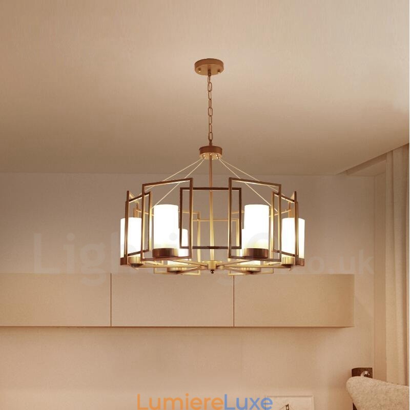 Suspension contemporaine moderne à 6 lumières en laiton avec abat-jour en verre