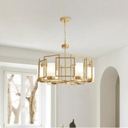 Suspension contemporaine moderne à 6 lumières en laiton avec abat-jour en verre