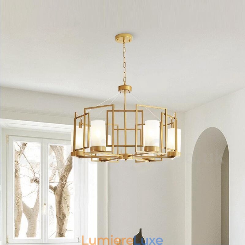 Suspension contemporaine moderne à 6 lumières en laiton avec abat-jour en verre