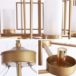 Suspension contemporaine moderne à 6 lumières en laiton avec abat-jour en verre