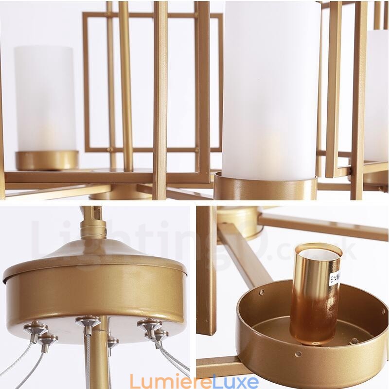 Suspension contemporaine moderne à 6 lumières en laiton avec abat-jour en verre