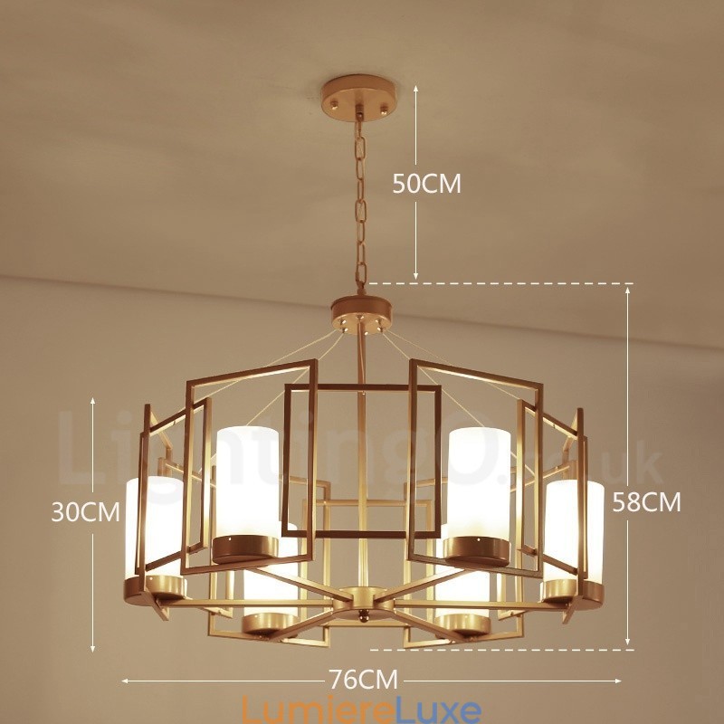 Suspension contemporaine moderne à 6 lumières en laiton avec abat-jour en verre