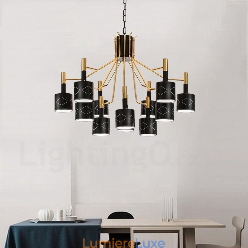 Lustre contemporain moderne en acier à 12 lumières avec abat-jour en acier