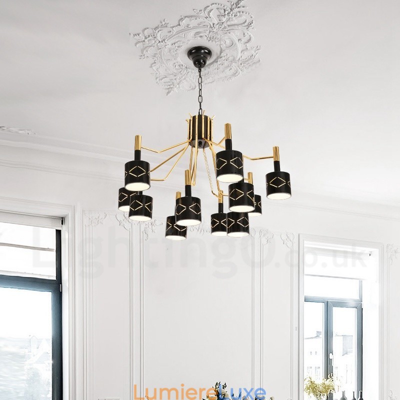 Lustre contemporain moderne en acier à 12 lumières avec abat-jour en acier