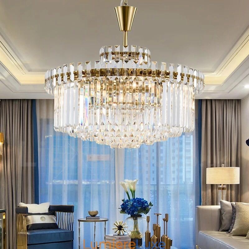 Suspension contemporaine moderne à 9 lampes en acier avec abat-jour en cristal