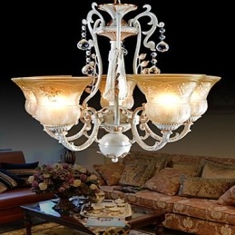 Lustre blanc à cinq lumières avec abat-jour en verre doré à la main, style rétro européen classique