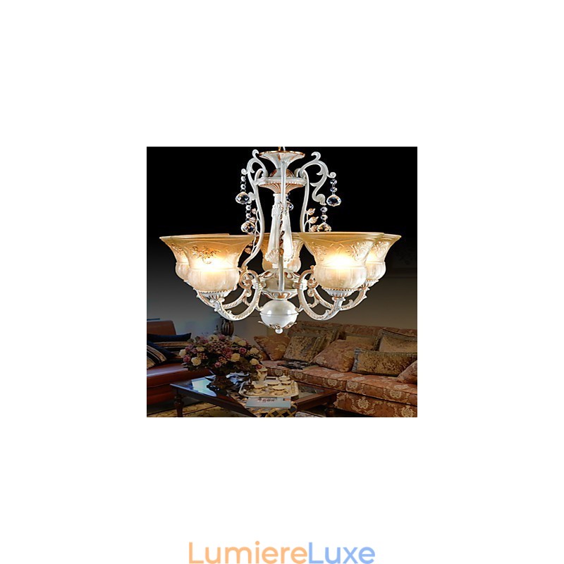 Lustre blanc à cinq lumières avec abat-jour en verre doré à la main, style rétro européen classique