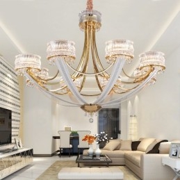 Lustre contemporain moderne en acier à 8 lumières avec abat-jour en cristal
