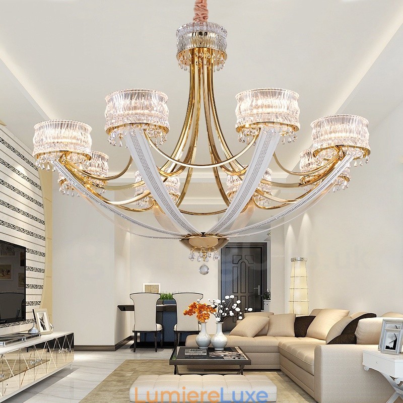 Lustre contemporain moderne en acier à 8 lumières avec abat-jour en cristal
