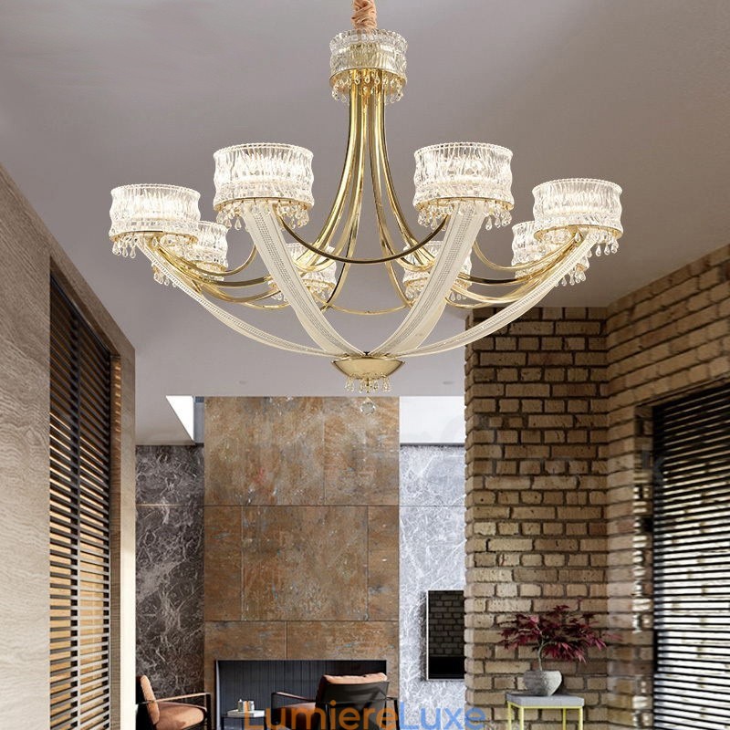 Lustre contemporain moderne en acier à 8 lumières avec abat-jour en cristal