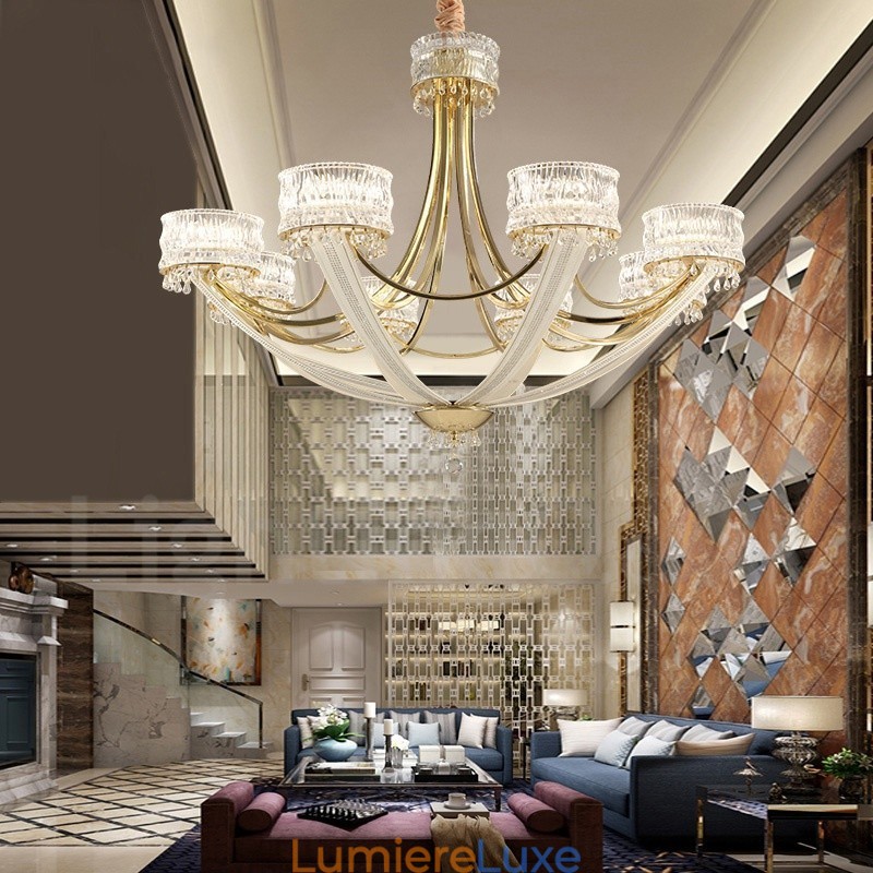 Lustre contemporain moderne en acier à 8 lumières avec abat-jour en cristal