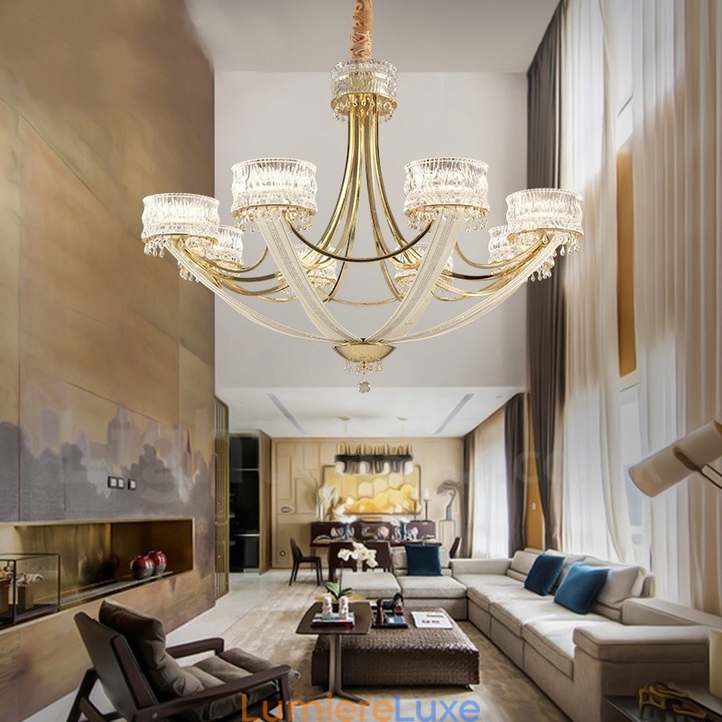 Lustre contemporain moderne en acier à 8 lumières avec abat-jour en cristal