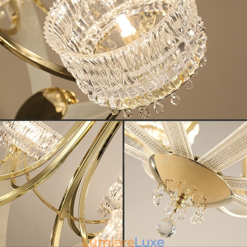 Lustre contemporain moderne en acier à 8 lumières avec abat-jour en cristal
