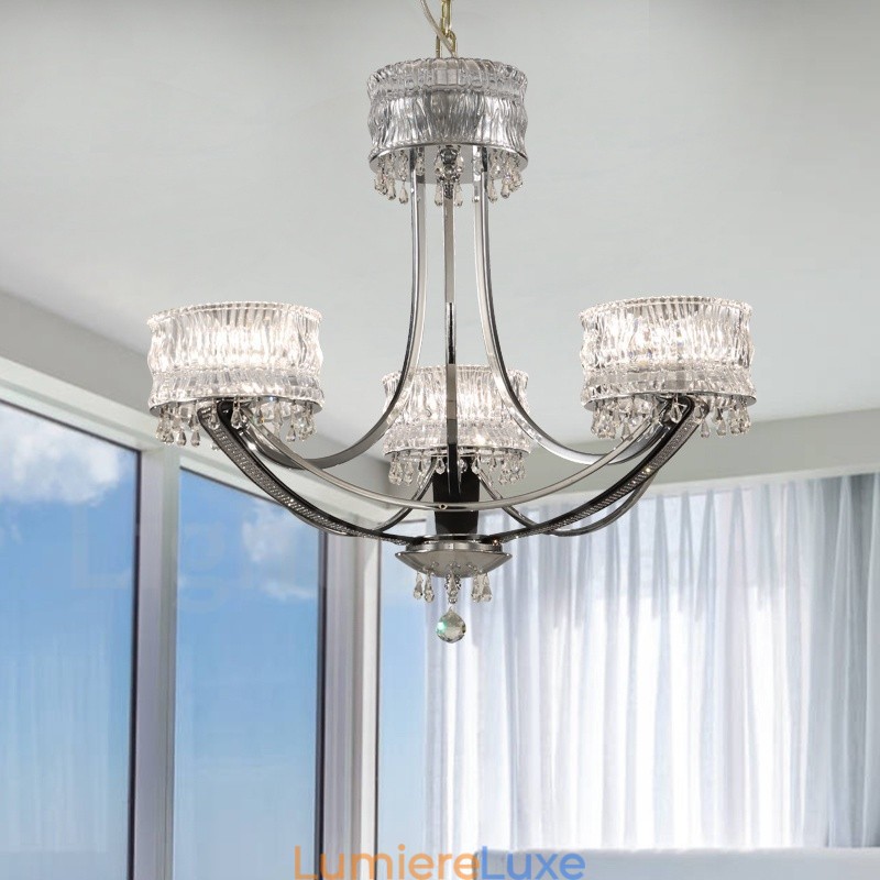 Lustre contemporain moderne à 3 lumières en acier avec abat-jour en cristal