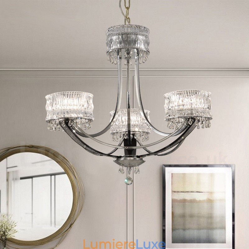 Lustre contemporain moderne à 3 lumières en acier avec abat-jour en cristal